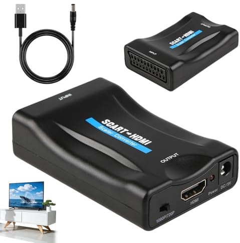 SCART to HDMI Adaptador con Cable USB, 1080p/720p Audio Video Convertidor | Plug and Play, para TV DVD VHS VCR STB BLU-Ray PS1 PS2 PS3 Xbox Player, para Moniteur Projecteur