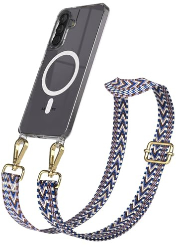 EAZY CASE Handykette - Verstellbares Taschenband kompatibel mit Galaxy A57, Schulterriemen, Handykordel mit Silikon Hülle, Qi Charging kompatibel, Umhängetasche, Blau Weiß Gold
