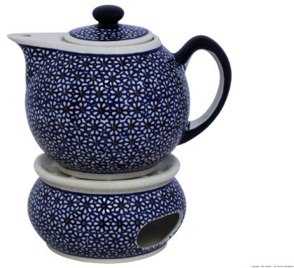 Original Bunzlauer Keramik - moderne Teekanne mit Stövchen 1.00 Liter im Retro-Dekor 120