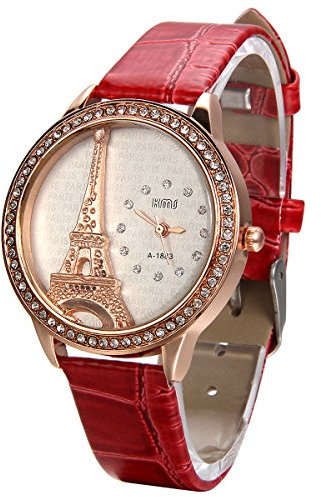 JewelryWe Damen Armbanduhr, Analog Quarz, Exquisite Leder Armband Uhr mit Strass Eiffelturm Zifferblatt, Rot