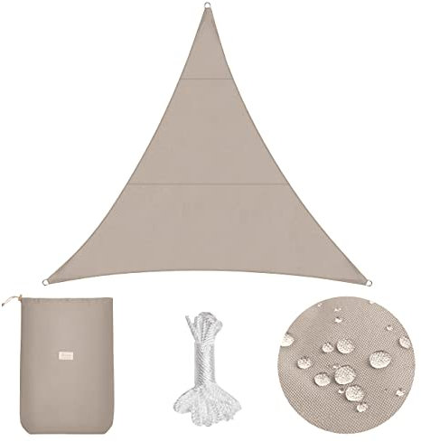 Sekey Sonnensegel Wasserdicht 5x5x5m Dreieckig PES Polyester, Sonnenschutz 95% UV Schutz Windschutz Reißfest Wetterfest, für Balkon Garten, mit Ösen und Befestigungsseile, Taupe