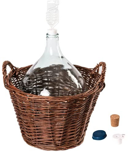 MIKONI Weinballon mit Weidenkorb +Gärröhrchen +Gummistopfen Glasballon Gäreimer Gärballon (Weinballon 15L)