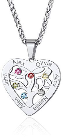 Custom4U Collier Personnalisé 6 Prénoms,Pendentif Coeur Arbre de Vie en Acier Inoxydable Gravé Pierres de Naissance,Bijoux de Famille,Chaine 55+5 cm,Cadeau Anniversaire Femme Maman,Grand Mère