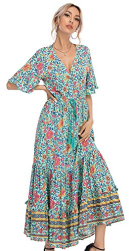 R.Vivimos Femmes D'été Cou en V Bouton à Manches Courtes Robe Bohème Fleur Longue Robe A Ligne Volants Longue Plage Robe(S,Green#2)