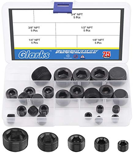 Glarks 25Pcs Black Carbon Steel 1/8'' 1/4'' 3/8'' 1/2'' 3/4'' NPT Male Pipe Plug Fitting Assortment Set Internal Hex Thread Socket Pipe Plug Kit