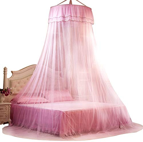 BTER Bett atmungsaktiv Moskitonetz 360° Vorhang Bett Baldachin Faltbar Prinzessin Spitze Stil Schlafzimmer Dekoration Damen für zu Hause (Pink)