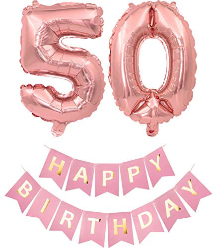 Pargleev Number 50 or 05 Helium Foil Balloons 50th 05th Happy Birthday Banners Bunting Set with 32 inch Mylar Foil Balloons for Men Women Boys Girls Party Decorations Rose Gold