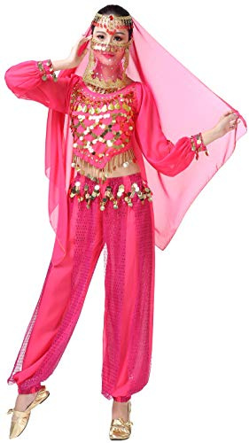 Lauthen.S Women Belly Dance Outfit Coins Top Pants Face Veil Headpiece Set Halloween Costume Hot Pink