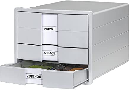 HAN Schubladenbox IMPULS 2.0 Mit 3 Geschlossenen Schubladen Für DIN A4/C4 Inkl. Beschriftungsschilder, Unterlagenbox, Boden Mit Auszugsperre, Möbelschonende Gummifüße, 1017-11, Lichtgrau
