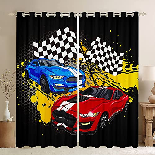 Rennsport-Vorhänge, schwarz-weiß, Gitter-Fenstervorhänge, coole Rennauto-Fenster-Behandlungsvorhänge, Heimdekoration, Extremsport-Thema, Schlafzimmer, 198x137 cm (BxL)