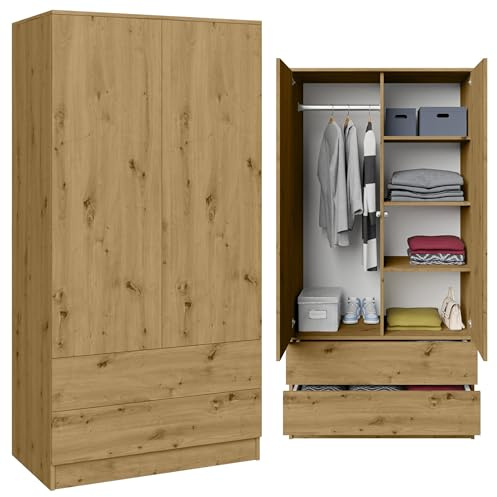 BEAUTY SOFA Classic Kleiderschrank 90x180 cm mit 2 Schubladen & Tip-ON System, Kleiderstange & Regale, Eiche Artisan