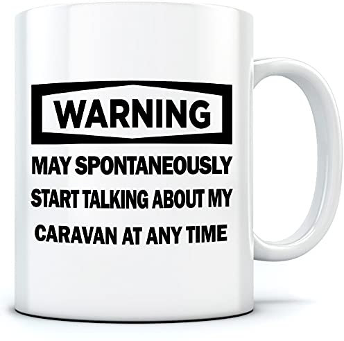 HotScamp Warning - May Start Talking About My Caravan - Mug for Tea Coffee - Funny Caravanning Camper One Size White