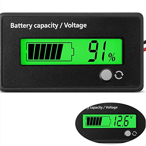 Intckwan Compteur de Batterie DC avec Alarme, Testeur de Batterie Voiture, Moniteurs de Batterie, Voltmètre, DC 12V 24V 36V 48V 72V Testeur Batterie au Plomb-Acide et au Lithium-Ion (Lumière Verte)