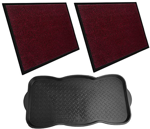 Entrando 2X Fussmatten (40x60, 60x90 cm) und 1x Schuhabtropfschale - Bundle für Haustür, Balkon oder Terrasse - Schmutzfangmatten für innen und außen, rutschfest, waschbar (Rot Schwarz)