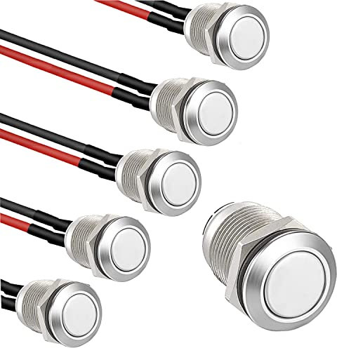 RUNCCI-YUN 5pcs 12mm Taster Wasserdicht,Metall Drucktastenschalter ,Edelstahl,12V Momentanen Druckschalter, für hupen, Klingel,Auto Runde Mini Drücken Taster (Flachkopf)