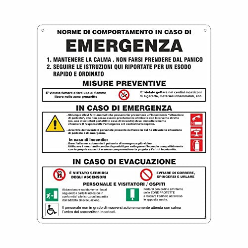 NEW CARTELLO SEGNALETICO - norme di comportamento in caso di emergenza - Adesivo Resistente, Pannello in Forex, Pannello In Alluminio (ADESIVO 20X31 CM)