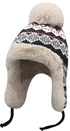 YJZQ Mütze Damen Strickmütze mit Kunstpelz Bommel Wintermütze Warm Winddichte Verdickte Skimütze Doppellagig Gefütterte Beanie Mütze Kunstpelz