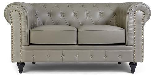 Bravich Leather Chesterfield Sofa- Grey. 2 Seater Settee, Faux Bonded Leather Vintage Couch. Living Room Furniture, Easy Clean. 2 Seater- 160cm x 90cm x 78cm