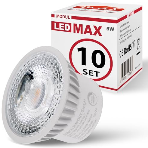max K O M F O R T LED Modul flach 10 Stk. 5Watt | Dimmbar mit Lichtschalter 100-50-10% | Ø50x40mm | Deckenstrahler Einbauleuchte Einbauspot Ersatz für GU10 MR16 (WARMWEIß)