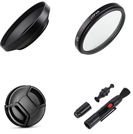 Set di accessori per fotocamere Sony FE 50 mm f/1.4 GM con fotocamera Sony Alpha a9, a9 II, con paraluce grandangolare in metallo, filtro UV, copriobiettivo, penna per la pulizia