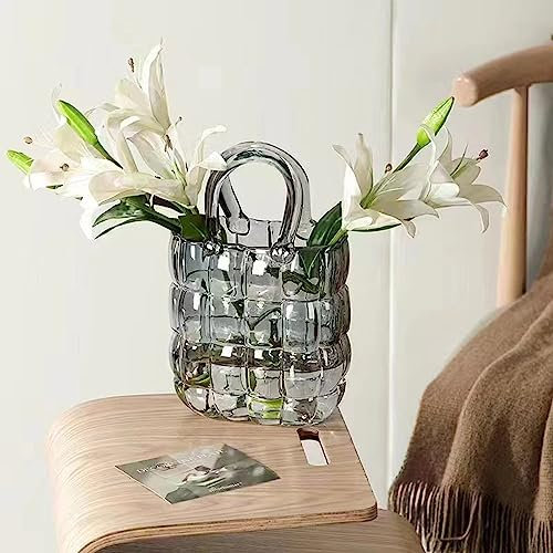 Mokylor Glas-Geldbörsenvase für Blumen, 27,9 cm, Handtaschenform, Einzigartige Blumenvase, Dekorativ, Fischschale, Handtasche, Niedliche Vase, Blasenvase mit Breiter Öffnung für(Grau)