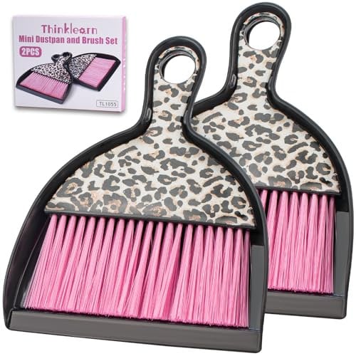 2PCS Mini Dustpan and Brush Set, Small Broom Set with Pink Leopard Design, Hand Whisk for Cleaning Desk, Kitchen, Home, Sofa, Cars, Pets, Kids (TL1055)