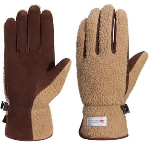Harssidanzar Winter Echtes Wildleder Handschuhe Damen Warmes Fleece Thinsulate gefüttert Outdoor Skifahren Lederhandschuhe SL021EU,Kamel/Dunkelbraun,Größe S