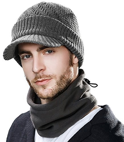 Comhats Winter-Set mit Wollgestrickter Schirmmütze und Fleece-Schal/Halswärmer für Herren und Damen - Warme gestrickte Schirmmütze 69311_Grau XL/XXL
