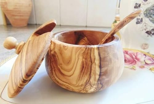 Salero con tapa y cuchara extraíbles, bonito tarro de madera de olivo para café, azúcar, especias, hierbas, té