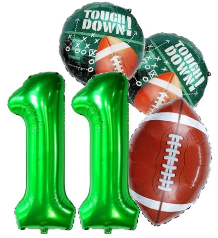 XL American Football Set + Zahlenballon 11 Grün Rugby Ball Sport 11 Party Motto Folienballons Deko Dekoration Super Bowl, 11 Geburtstag GOAT Ballon Feier 11 Birthday deco neu (Set + Zahl 11)