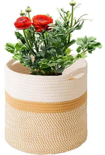 KMERCE Grand Pot de Fleurs Tressé, Cache Pot Plante Interieur, Panier à Plantes en Corde de Coton pour décoration Intérieure, Panier de Rangement pour Jouets, Vêtements - Diamètre 25cm (Blanc+Jaune)