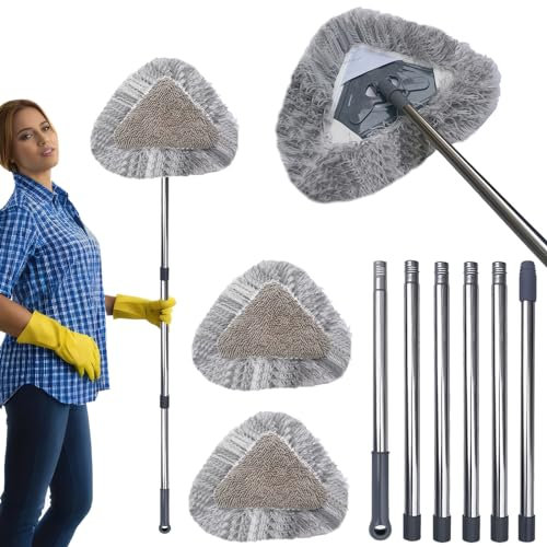 Wall Cleaner Mop with Long Handle 100 Inches, 2-in-1 Ceiling Cleaning Tool Duster with 2 Replacement Microfiber Chenille Pads for Painted Walls, Baseboard, Window, Floor (Gray)