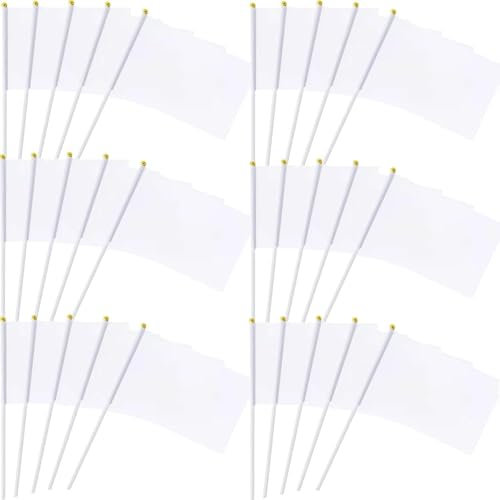 100 Pack Blank White Small Flags DIY Mini White Hand Waving Flags Banners Pennant Decoration for Game Parade Sport Events, Festival Party Handheld with Plastic Stick 14 * 21cm with Gold Ball