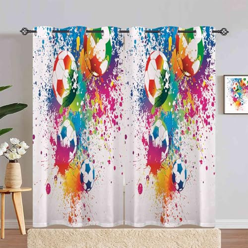 ANHOPE Bunte Aquarell Fußball Verdunklungsvorhänge mit Ösen Blickdichte Gardinen Thermo Vorhänge Blackout Curtain Kinder Jungen Mädchen Wohnzimmer Schlafzimmer Vorhang 2er Set H 245 x B 140 cm