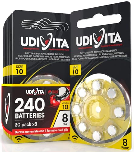 240 Pilas para Audífonos Tamaño 10 Udivita PR70 (Amarillo) Zinc-Aire Hearing Evolution - 30 Blísteres de 8 Pilas