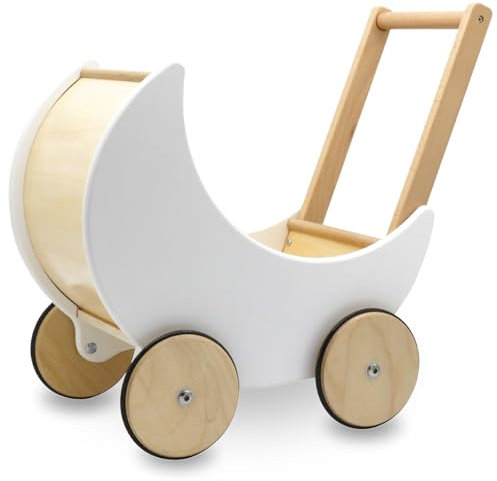 Mamabrum Holzwagen für Puppen und Bären, Baby Pöckchen 1+, Spielwagen für Kinder ab 1 Jahr, Rutschhemmende Räder, Walking Lernreiter