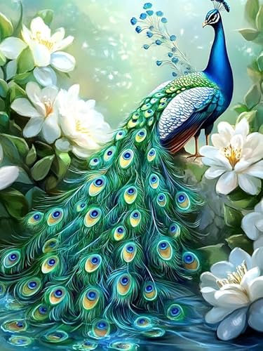 MOMAKA DIY Diamond Painting Pavo Real Verde, 5D Kits de Pintura de Diamantes Flor Animal, Bordado Pintura de Diamantes de Imitación Punto de Cruz por Números para Decoración de Pared Hogar 30x40 cm