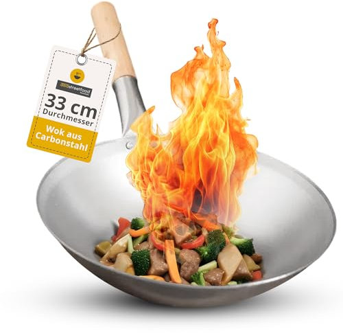 asiastreetfood Wok aus Carbonstahl, Ø 33 cm – Authentische Wokpfanne aus Karbonstahl mit Holzgriff & flachem Boden – für Gas- und Elektroherd sowie Ceranfelder – Perfekt für asiatische Gerichte
