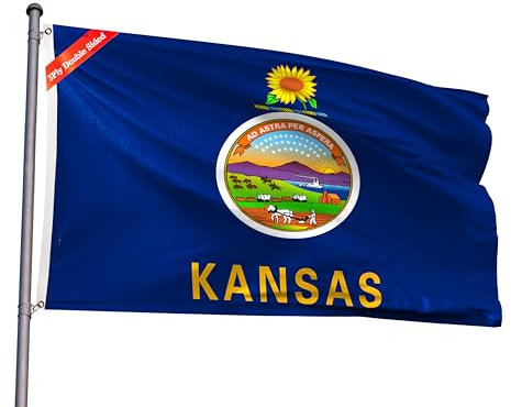 Doppelseitige Kansas-Staatsflagge, 122 x 180 cm, Polyester, lebendige Farben, lichtbeständig, mit 2 Messingösen, für Kansas-Themen-Festivals, Veranstaltungen, Party-Dekoration, Innen- und