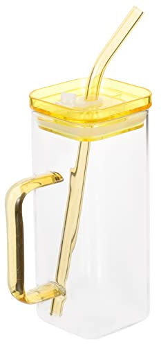 Cabilock Iced Tumbler Cup Quadratisches Trinkgeschirr Aus Glas Mit Strohhalm Gelbe Farbe Bierglas Aus Borosilikatglas Mit Deckel