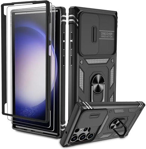Pilaru für Samsung Galaxy S23 Ultra Hülle, S23 Ultra 5G Kameraschutz Handyhülle mit 2 Stück Schutzfolie, 360° Drehhalter Ring Schutzhülle Militär Stoßfest Kratzfest Outdoor Handy Hüllen-Schwarz
