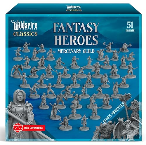 Wildspire Classic Heroes - Mercenary Guild - 51 Paintable Characters for DND Miniatures Bulk I 28mm Dungeons Dragons D&D Miniatures I DND Minis D&D Figures Dragons Figures Pathfinder Compatible