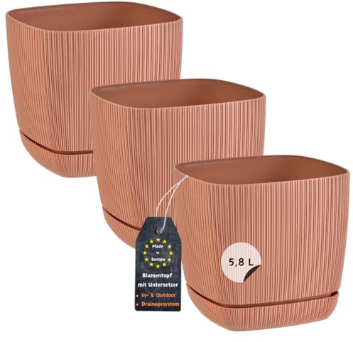 Engelland - 3 x Blumentopf mit Drainagesystem, Untersetzer, Farbe: Terrakotta, Rillenoptik, Pflanz-Topf, Kübel, modern, Kunststoff, quadratisch, 21 x 21 cm, 5,8 Liter