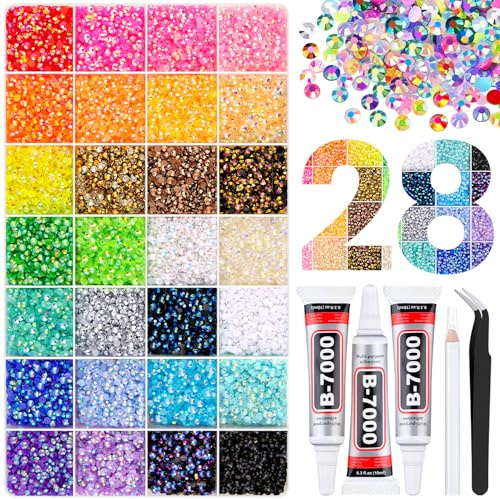 26000 Pieces Resin Rhinestones with Tweezers for Crafts, 3mm Mixed Color Dazzling Crystal with 3pcs 10ml B7000 Jewelry Glue for Crafts, Clothes