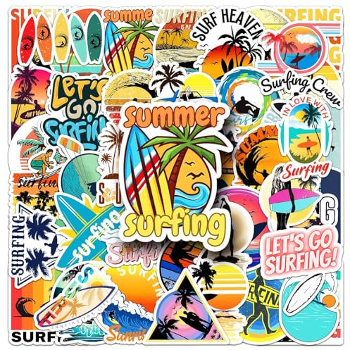 50 Stück Surf-Aufkleber für Kinder Jugendliche Erwachsene,Sommer Strand Sport Wasserdichte Sticker Dekoration Wasserflasche Laptop Koffer Autos Motorrad Fahrrad Skateboard Gepäck Scrapbook Helm