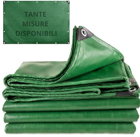 Telo/Telone Impermeabile Esterno - 6x8 METRI - ANTISTRAPPO - DURABILITA' 5 ANNI, PVC, Telo Copritutto Senza Elastici Inclusi, Telone Occhiellato Rinforzato, Verde, 110gr/mq