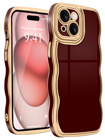 Teageo Hülle für iPhone 14, Eleganz Golden Rand Galvanisierte Wellenform Handyhülle Anti-Drop Stoßfest Kameraschutz Phone Case für iPhone 14, Weinrot