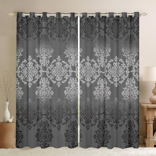 Loussiesd Vintage Damast Vorhänge 175x140cm Oriental Jacquard Damast Gardinen für Mädchen Grau Floral Blickdichte Vorhänge Gothic Bohemia Floral Fenstervorhang