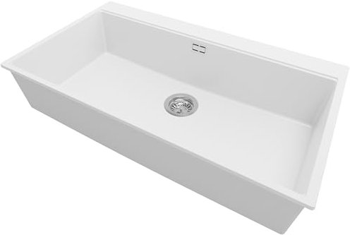 PRIMAGRAN Lavello da Cucina Bianco 88x50cm, Lavandino da Cucina a 1 vasca + Sifone Classico, Lavabo da Cucina Incasso al mobile 90cm - Oslo