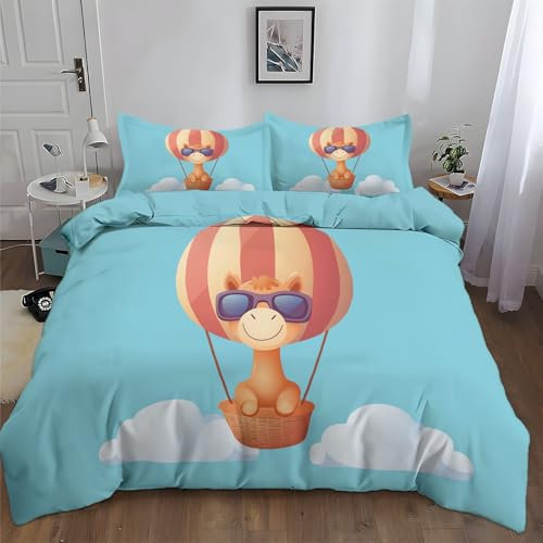 Quixora Bettwäsche-Set für Kinder 135 x 200 cm bettbezug mit Reißverschluss, 2 Kissenbezug 80x80 cm, dekoratives Tierkamele Muster für Mädchen und Jungen Schlafzimmer, weich und bügelfrei, Blau